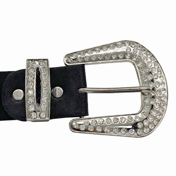Y2K Rhinestone Western Bling Leather Belt Crystal Buckle Tip Black Silver NEW main image 10